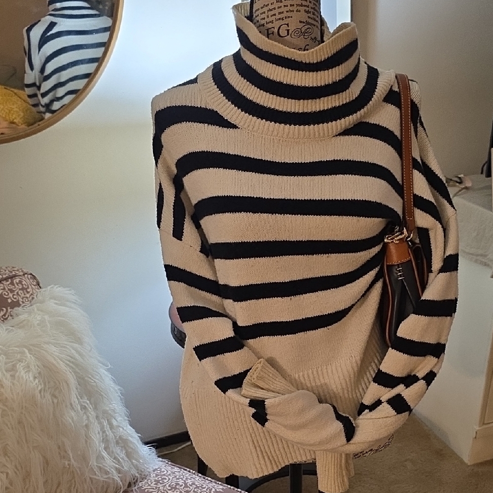 a new day Black and Cream Striped Turtleneck Sweater